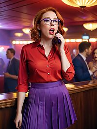 A 42 year old woman with messy ginger hair and dark blue eyes in a red shirt and purple skirt dances on stage at the indoor strip club