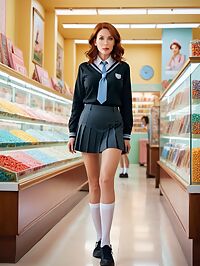 A mature woman with striking features surprises in a black school uniform at the local candy store